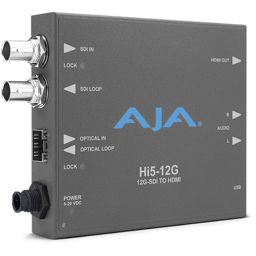 AJA HI5-12G-R0 is a 12G-SDI to HDMI 2.0 converter, supporting up to 4K/UltraHD 60p video, HDR, and embedded audio for professional workflows.