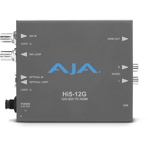 AJA HI5-12G-R0 is a 12G-SDI to HDMI 2.0 converter, supporting up to 4K/UltraHD 60p video, HDR, and embedded audio for professional workflows.