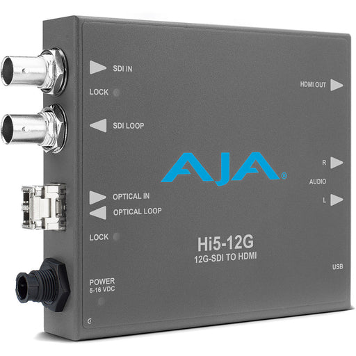 AJA HI5-12G-TR-R0 is a 12G-SDI to HDMI 2.0 converter with fiber transceiver, supporting up to 4K/UltraHD video and HDR workflows.