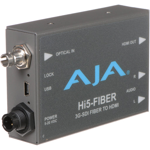 AJA Hi5-Fiber Mini-Converter – Compact SDI to HDMI converter with fiber input, designed for long-distance HD video and audio transmission.
