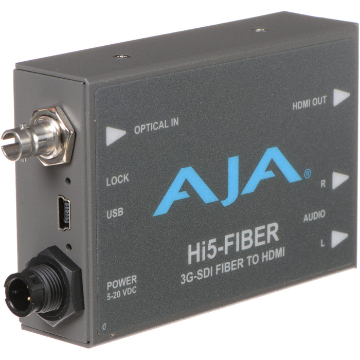 AJA Hi5-Fiber Mini-Converter – Compact SDI to HDMI converter with fiber input, designed for long-distance HD video and audio transmission.