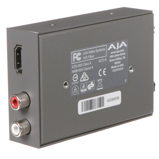 AJA Hi5-Fiber Mini-Converter – Compact SDI to HDMI converter with fiber input, designed for long-distance HD video and audio transmission.