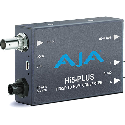 AJA Hi5-Plus Mini-Converter – Compact SDI to HDMI converter supporting up to 3G-SDI for high-quality HD video and audio monitoring.