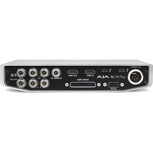 AJA Io 4K Plus R0 – Thunderbolt 3 video I/O device with 12G-SDI, HDMI 2.0, HDR support, and real-time 4K/UltraHD capture and playback.