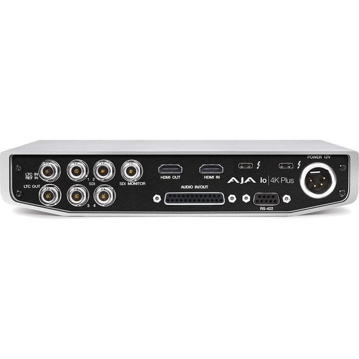 AJA Io 4K Plus R0 – Thunderbolt 3 video I/O device with 12G-SDI, HDMI 2.0, HDR support, and real-time 4K/UltraHD capture and playback.