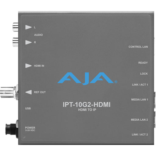 AJA ITP-10G2-HDMI – IP video and audio receiver with HDMI 2.0 output, supporting 4K UltraHD over SMPTE ST 2110 on 10GbE networks.