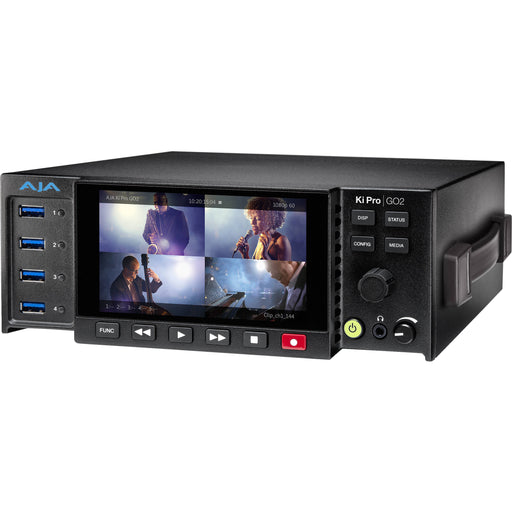 AJA Ki Pro GO2 – Portable multi-channel H.265 (HEVC) and H.264 (AVC) recorder featuring up to four simultaneous HD or SD recordings, with 3G-SDI and HDMI inputs, USB and network storage support, and redundant recording capabilities.