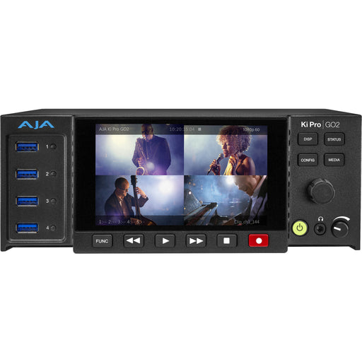 AJA Ki Pro GO2 – Portable multi-channel H.265 (HEVC) and H.264 (AVC) recorder featuring up to four simultaneous HD or SD recordings, with 3G-SDI and HDMI inputs, USB and network storage support, and redundant recording capabilities.