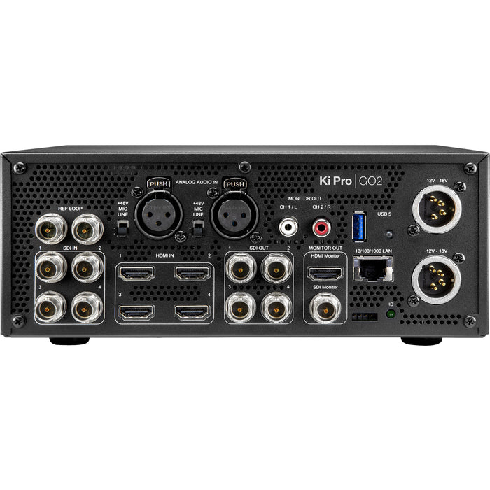 AJA Ki Pro GO2 – Portable multi-channel H.265 (HEVC) and H.264 (AVC) recorder featuring up to four simultaneous HD or SD recordings, with 3G-SDI and HDMI inputs, USB and network storage support, and redundant recording capabilities.