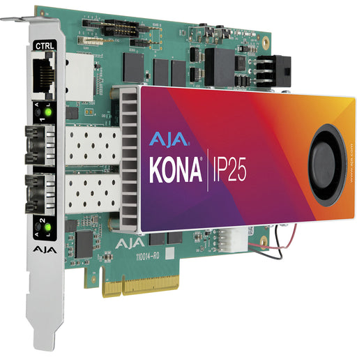 AJA KONA IP25 – 8-lane PCIe Gen 4.0 card with bidirectional uncompressed video over SMPTE ST 2110 IP, dual 10/25 GigE SFP cages, and 1 GigE RJ-45 control.