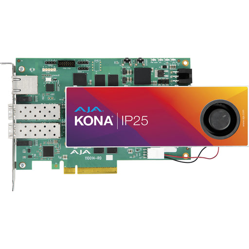 AJA KONA IP25 – 8-lane PCIe Gen 4.0 card with bidirectional uncompressed video over SMPTE ST 2110 IP, dual 10/25 GigE SFP cages, and 1 GigE RJ-45 control.