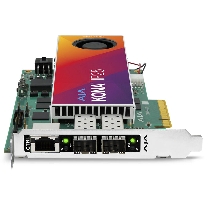 AJA KONA IP25 – 8-lane PCIe Gen 4.0 card with bidirectional uncompressed video over SMPTE ST 2110 IP, dual 10/25 GigE SFP cages, and 1 GigE RJ-45 control.
