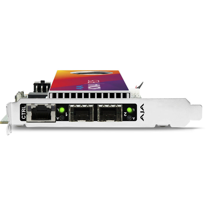 AJA KONA IP25 – 8-lane PCIe Gen 4.0 card with bidirectional uncompressed video over SMPTE ST 2110 IP, dual 10/25 GigE SFP cages, and 1 GigE RJ-45 control.