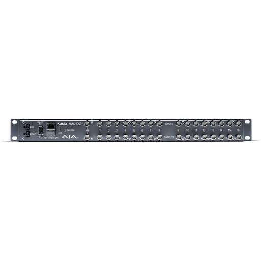 AJA KUMO 1616-12G is a compact 1RU 12G-SDI router with 16 inputs and 16 outputs, designed for high-bandwidth video routing in professional workflows.