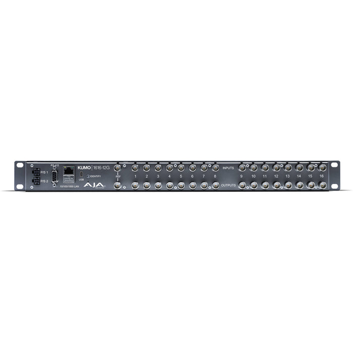 AJA KUMO 1616-12G is a compact 1RU 12G-SDI router with 16 inputs and 16 outputs, designed for high-bandwidth video routing in professional workflows.