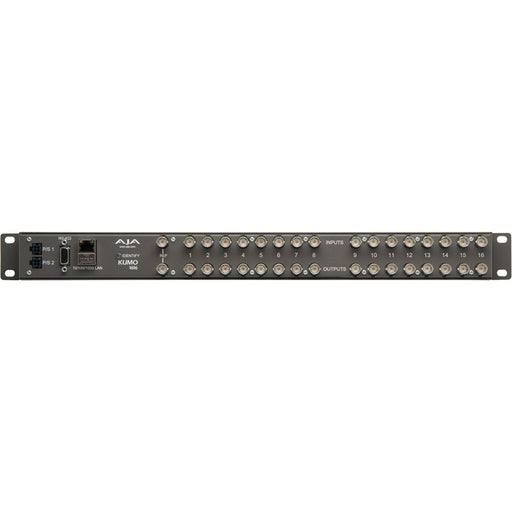 AJA KUMO 1616 compact 16x16 3G-SDI router with full-size BNC connectors, front-panel buttons, and LCD screen in a 1RU rack-mounted unit.