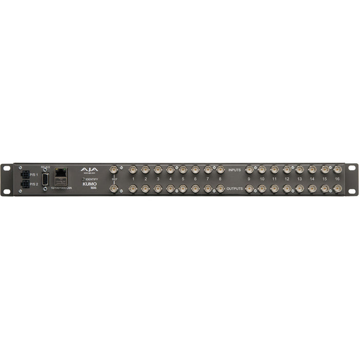 AJA KUMO 1616 compact 16x16 3G-SDI router with full-size BNC connectors, front-panel buttons, and LCD screen in a 1RU rack-mounted unit.