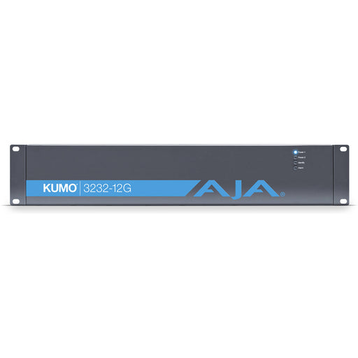 AJA KUMO 3232-12G is a 2RU 12G-SDI router with 32 inputs and 32 outputs, designed for high-bandwidth 4K/UltraHD video routing in professional workflows.