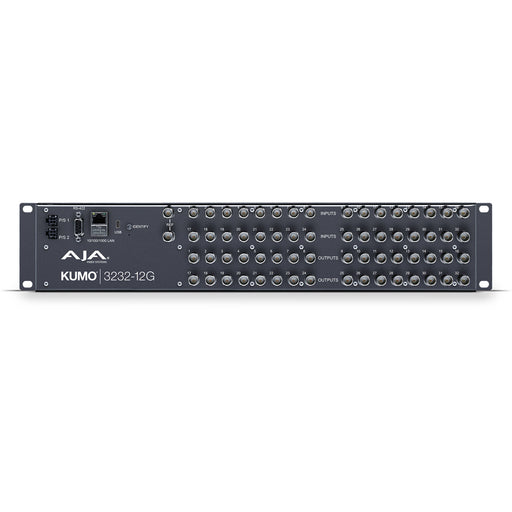 AJA KUMO 3232-12G is a 2RU 12G-SDI router with 32 inputs and 32 outputs, designed for high-bandwidth 4K/UltraHD video routing in professional workflows.