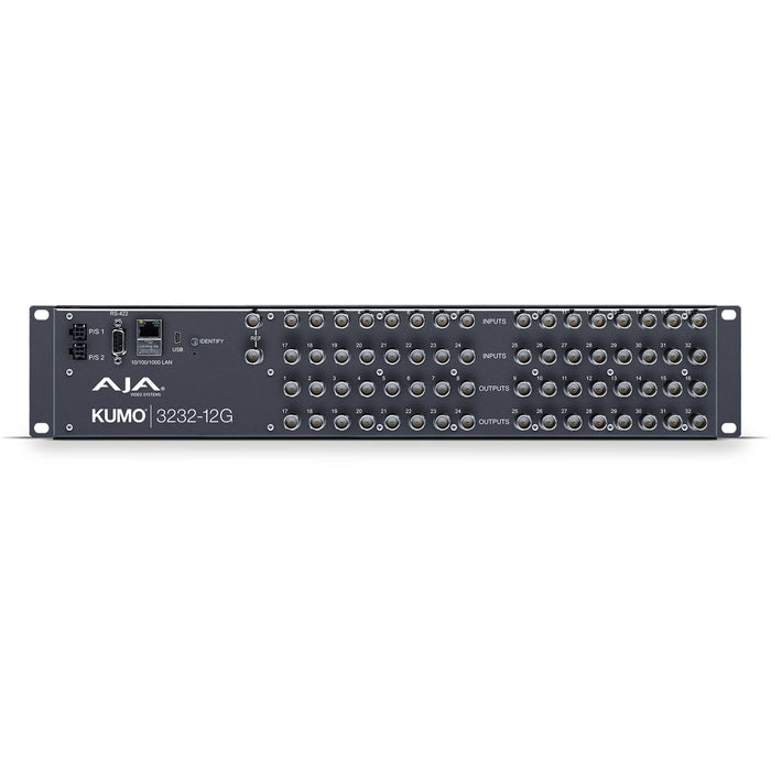 AJA KUMO 3232-12G is a 2RU 12G-SDI router with 32 inputs and 32 outputs, designed for high-bandwidth 4K/UltraHD video routing in professional workflows.