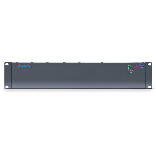 AJA KUMO 3232 compact 32x32 3G-SDI router with full-size BNC connectors, front-panel buttons, and LCD display in a 2RU rack-mounted unit.