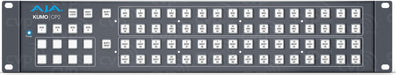 AJA KUMO CP2 R0 control panel with a 2RU design, featuring illuminated buttons and an intuitive interface for remote and direct control of AJA KUMO video routers.