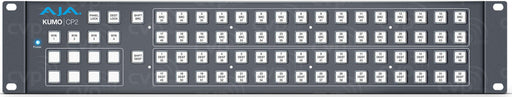 AJA KUMO CP2 R0 control panel with a 2RU design, featuring illuminated buttons and an intuitive interface for remote and direct control of AJA KUMO video routers.