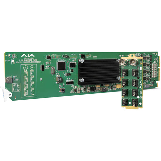 AJA OG-12G-AMA-R0 openGear-compatible 12G-SDI analog audio embedder/disembedder card with rear I/O, designed for high-resolution video workflows.