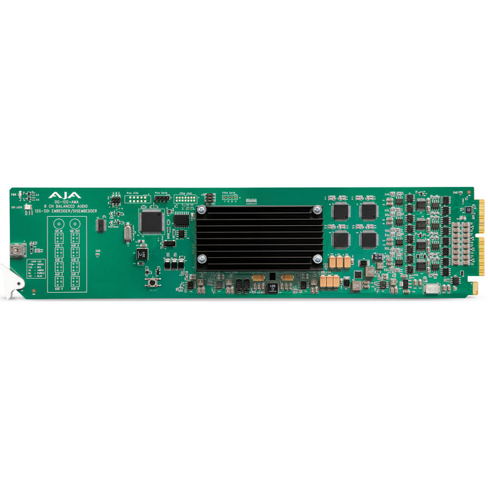 AJA OG-12G-AMA-R0 openGear-compatible 12G-SDI analog audio embedder/disembedder card with rear I/O, designed for high-resolution video workflows.