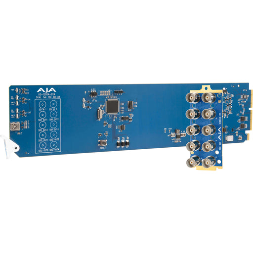 AJA OG-12GDA-2x4 openGear-compatible 12G-SDI distribution amplifier card with dual 1x4 channels, rear I/O, designed for high-bandwidth signal distribution.