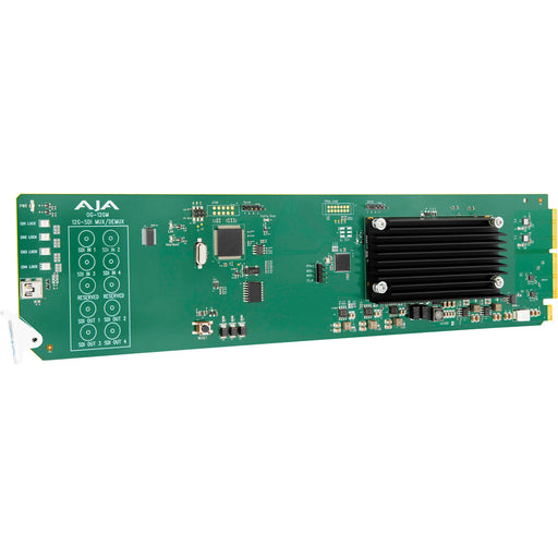 AJA OG-12GM openGear-compatible 12G-SDI Muxer/DeMuxer card with rear I/O, designed for 4K/UltraHD quad-link to single-link signal conversion.