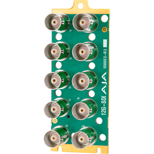 AJA OG-12GM openGear-compatible 12G-SDI Muxer/DeMuxer card with rear I/O, designed for 4K/UltraHD quad-link to single-link signal conversion.