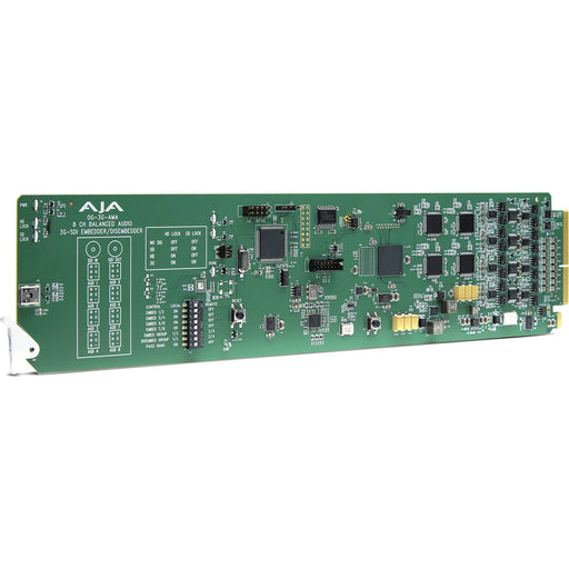 AJA OG-3G-AMA openGear-compatible 3G-SDI analog audio embedder/disembedder card with rear I/O, designed for integration of analog audio in SDI workflows.