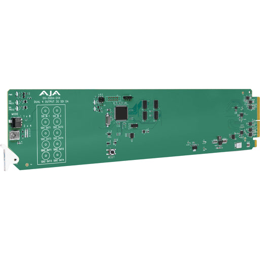 AJA OG-3GDA-2x4 openGear-compatible 3G-SDI distribution amplifier card with dual independent 1x4 channels and rear I/O for professional signal distribution.