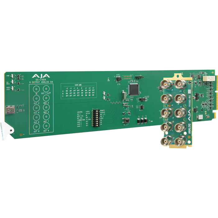 AJA OG-C10DA-R0 openGear card – 1x10 SD/HD/3G-SDI Reclocking Distribution Amplifier module for broadcast video signal distribution.