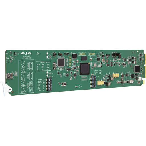 AJA OG-FS-MINI openGear-compatible frame synchronizer card with SDI input/output, designed for integration into openGear frames.