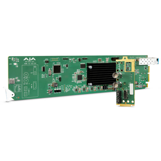 AJA OG-HA5-12G-T openGear 12G-SDI to HDMI 2.0 converter with LC fiber transmitter, supporting 4K/UltraHD up to 60p, HDR metadata, and embedded audio.