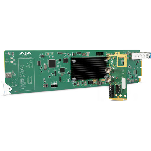 AJA OG-Hi5-12G-R openGear 12G-SDI to HDMI 2.0 converter with LC fiber receiver, supporting 4K/UltraHD up to 60p, HDR metadata, and embedded audio.