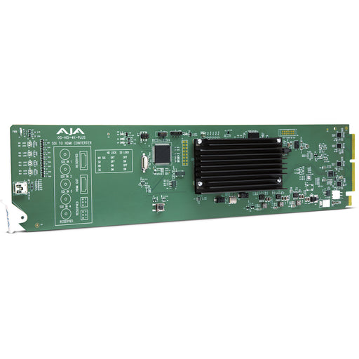 AJA OG-Hi5-4K-Plus openGear 3G-SDI to HDMI 2.0 converter card with four BNC inputs, supporting 4K/UltraHD up to 60p, HDR metadata, and embedded audio.