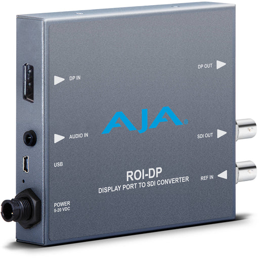 AJA ROI-DP Mini-Converter – DisplayPort to SDI converter with real-time Region of Interest scaling, aspect ratio control, and audio embedding.