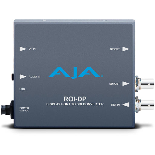 AJA ROI-DP Mini-Converter – DisplayPort to SDI converter with real-time Region of Interest scaling, aspect ratio control, and audio embedding.