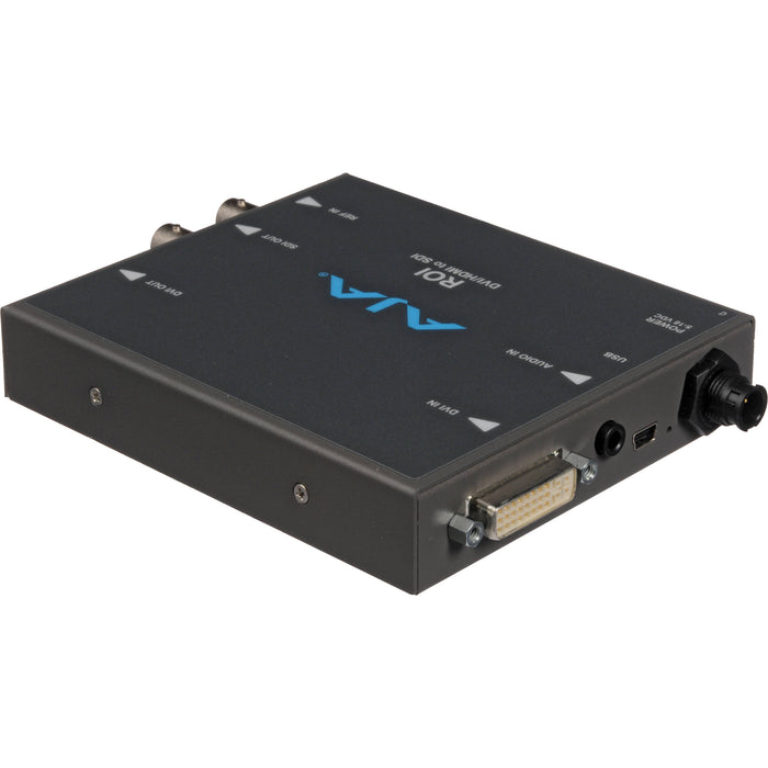 AJA ROI-DVI Mini-Converter – DVI or HDMI to SDI converter with real-time Region of Interest scaling, aspect ratio control, and audio embedding.