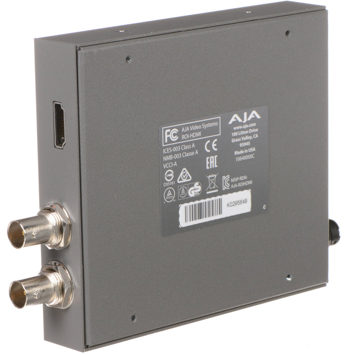 AJA ROI-HDMI-R0 is a region-of-interest scan converter that converts HDMI to SDI with high-quality scaling, frame rate conversion, and audio embedding.