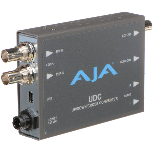 AJA UDC Mini-Converter – Up/down/cross converter for SD, HD, and 3G-SDI signals with high-quality scaling and frame rate conversion.