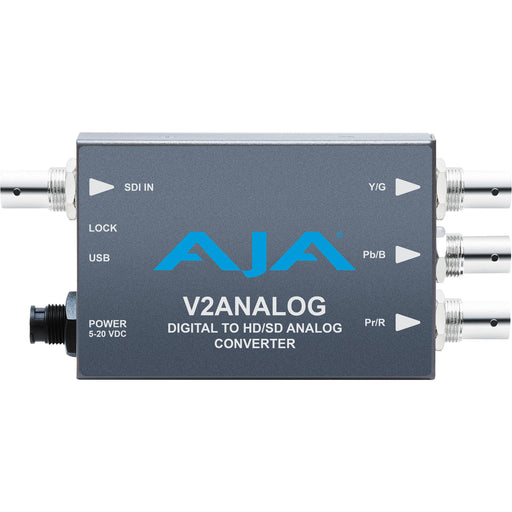 AJA V2Analog Mini-Converter – SDI to analog video converter with 10-bit processing and simultaneous component, composite, and YC outputs.