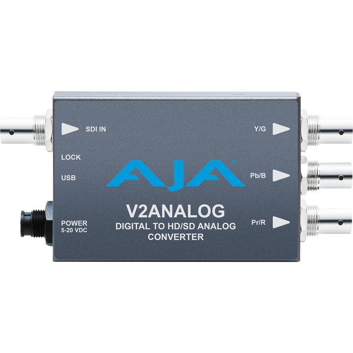 AJA V2Analog Mini-Converter – SDI to analog video converter with 10-bit processing and simultaneous component, composite, and YC outputs.