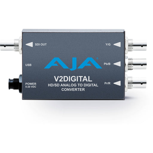 AJA V2Digital Mini-Converter – Analog component or composite video to SDI converter with audio embedding for professional video workflows.