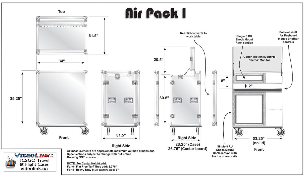 The TC2GO Airpack I Production Travel Road Case is engineered for professionals who require a reliable and portable solution for transporting their 19" rack-mounted production equipment. Single 24 Inch Monitor mounts for broadcast or computer monitor. Single 3RU rack mounts on upper side for dual 7 inch monitors. Single 8RU Shock mount equipment rack.