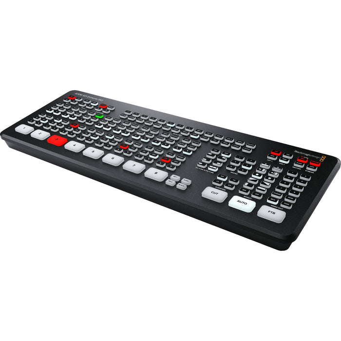 The Blackmagic Design ATEM Mini Extreme ISO is a professional-grade live production switcher featuring eight HDMI inputs, an integrated control panel, and advanced broadcast capabilities. It supports direct live streaming via Ethernet and allows for simultaneous recording of all inputs and the program output. The switcher includes two HDMI outputs, two USB-C ports, a headphone connection, four chroma keyers, six picture-in-picture DVEs, two media players, and a multiview with up to 16 views.