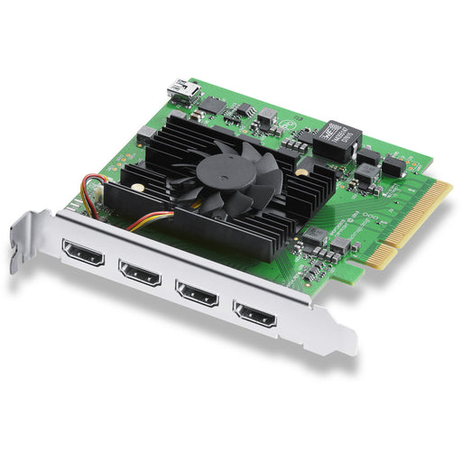 Blackmagic Design DeckLink Quad HDMI Recorder (BDLKDVQDHDMI4K) capture card featuring four independent HDMI 2.0b inputs, supporting up to 4K60 video capture, displayed in a sleek PCIe card format for professional multi-channel video workflows.